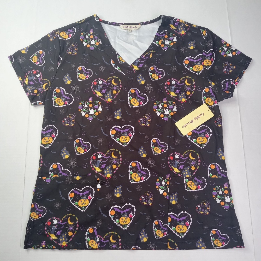 New Gabby Brooke Women's Scrub Top Size M Medium Black Pumpkins Hearts Halloween